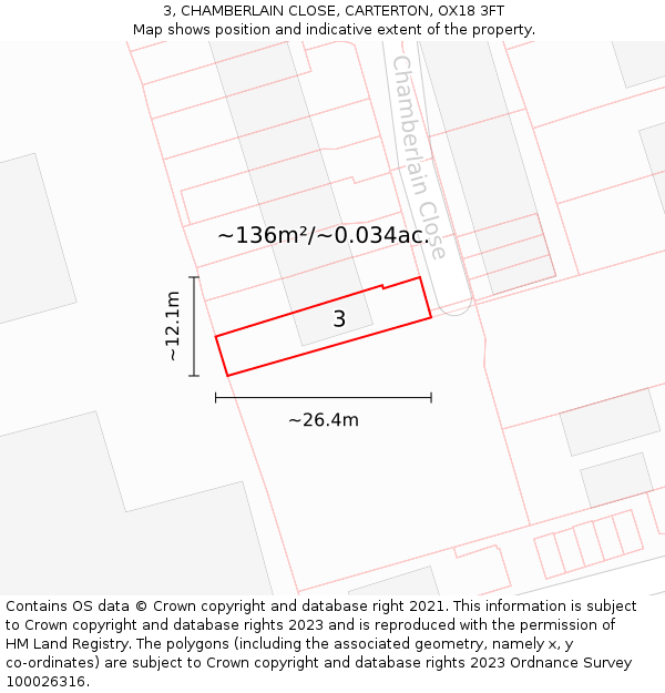 3, CHAMBERLAIN CLOSE, CARTERTON, OX18 3FT: Plot and title map
