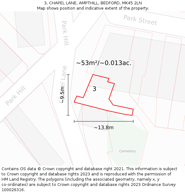 3, CHAPEL LANE, AMPTHILL, BEDFORD, MK45 2LN: Plot and title map