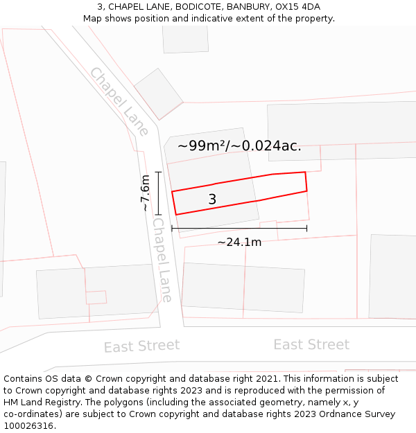 3, CHAPEL LANE, BODICOTE, BANBURY, OX15 4DA: Plot and title map