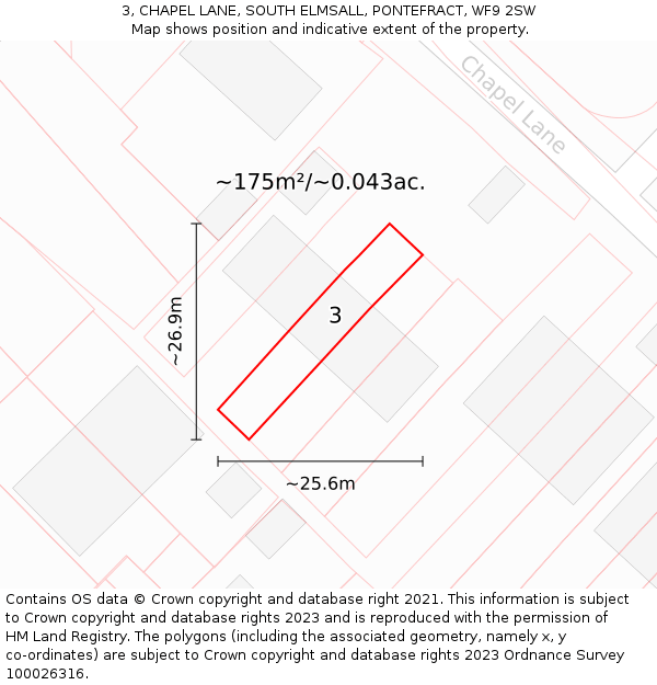 3, CHAPEL LANE, SOUTH ELMSALL, PONTEFRACT, WF9 2SW: Plot and title map