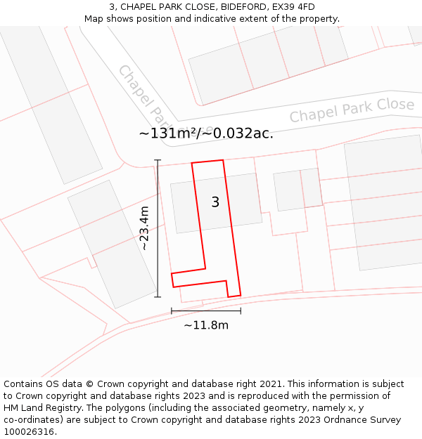 3, CHAPEL PARK CLOSE, BIDEFORD, EX39 4FD: Plot and title map