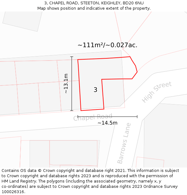 3, CHAPEL ROAD, STEETON, KEIGHLEY, BD20 6NU: Plot and title map