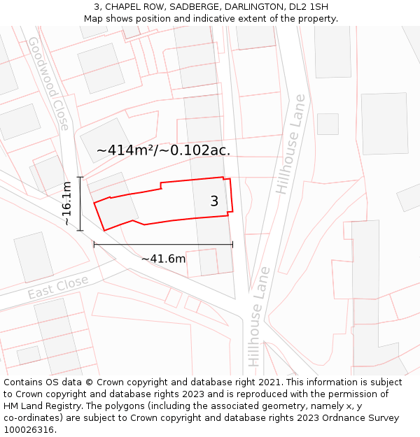 3, CHAPEL ROW, SADBERGE, DARLINGTON, DL2 1SH: Plot and title map