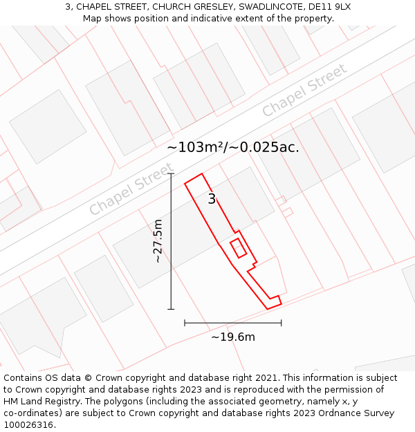 3, CHAPEL STREET, CHURCH GRESLEY, SWADLINCOTE, DE11 9LX: Plot and title map