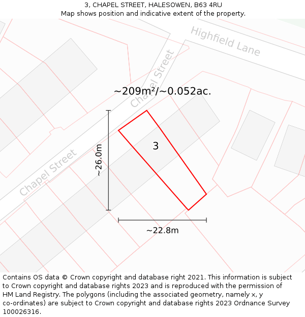 3, CHAPEL STREET, HALESOWEN, B63 4RU: Plot and title map