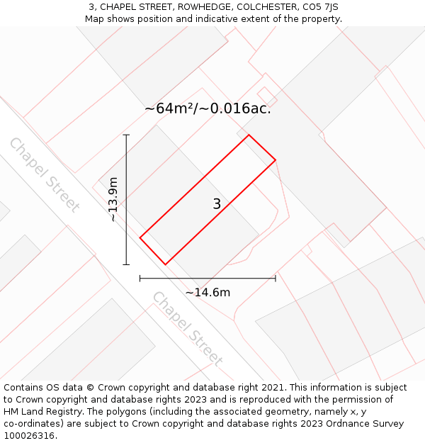 3, CHAPEL STREET, ROWHEDGE, COLCHESTER, CO5 7JS: Plot and title map