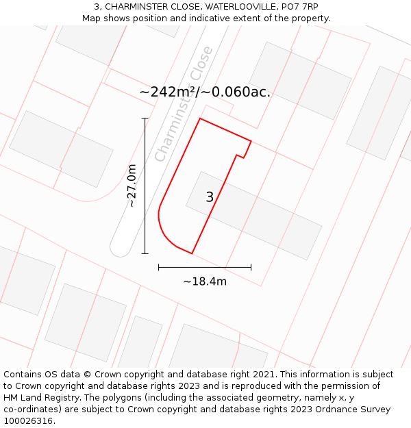 3, CHARMINSTER CLOSE, WATERLOOVILLE, PO7 7RP: Plot and title map