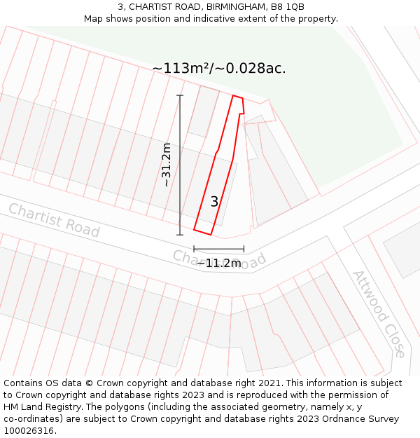 3, CHARTIST ROAD, BIRMINGHAM, B8 1QB: Plot and title map