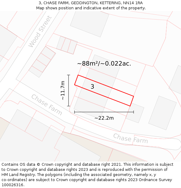 3, CHASE FARM, GEDDINGTON, KETTERING, NN14 1RA: Plot and title map