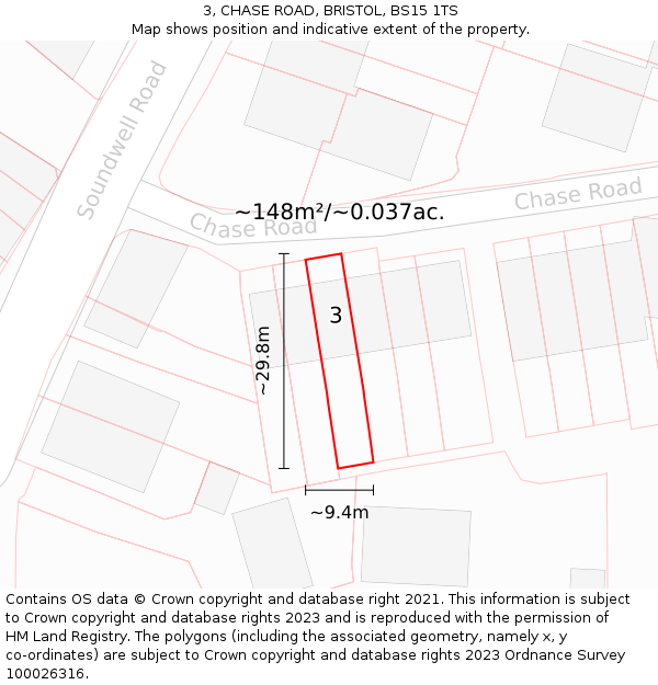 3, CHASE ROAD, BRISTOL, BS15 1TS: Plot and title map
