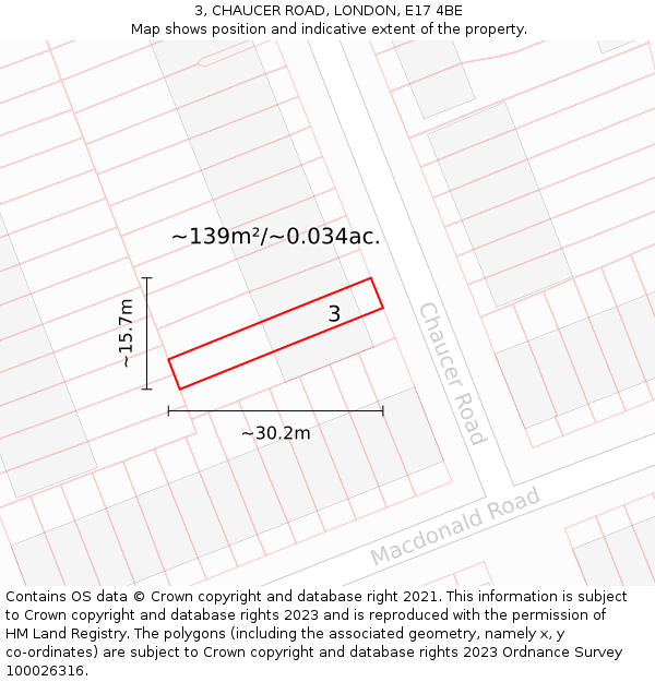 3, CHAUCER ROAD, LONDON, E17 4BE: Plot and title map