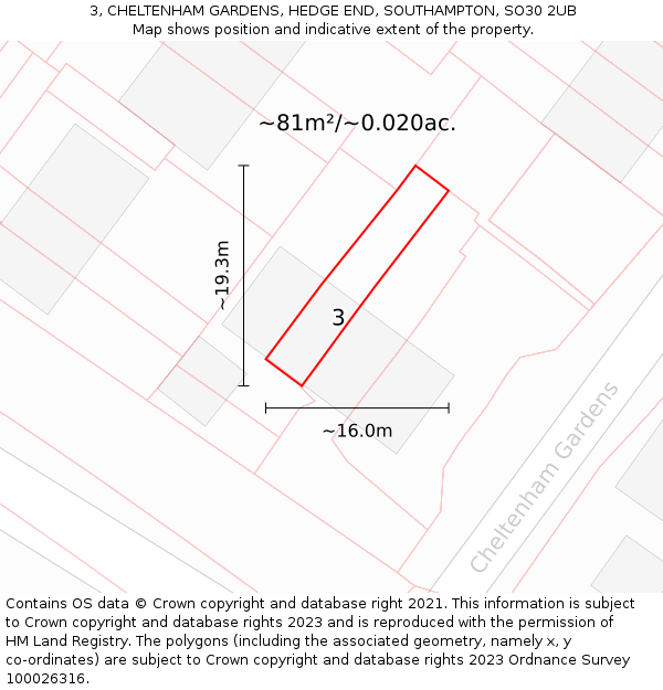 3, CHELTENHAM GARDENS, HEDGE END, SOUTHAMPTON, SO30 2UB: Plot and title map