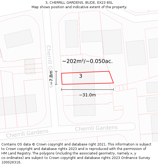 3, CHERRILL GARDENS, BUDE, EX23 8SL: Plot and title map