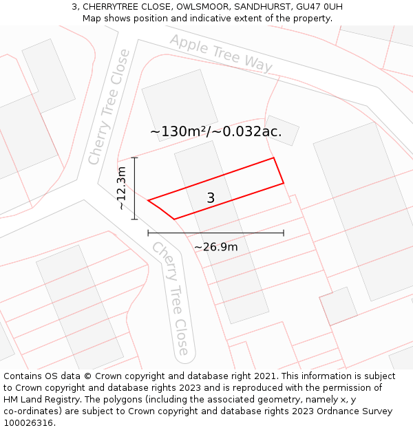 3, CHERRYTREE CLOSE, OWLSMOOR, SANDHURST, GU47 0UH: Plot and title map