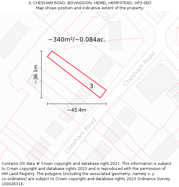 3, CHESHAM ROAD, BOVINGDON, HEMEL HEMPSTEAD, HP3 0ED: Plot and title map