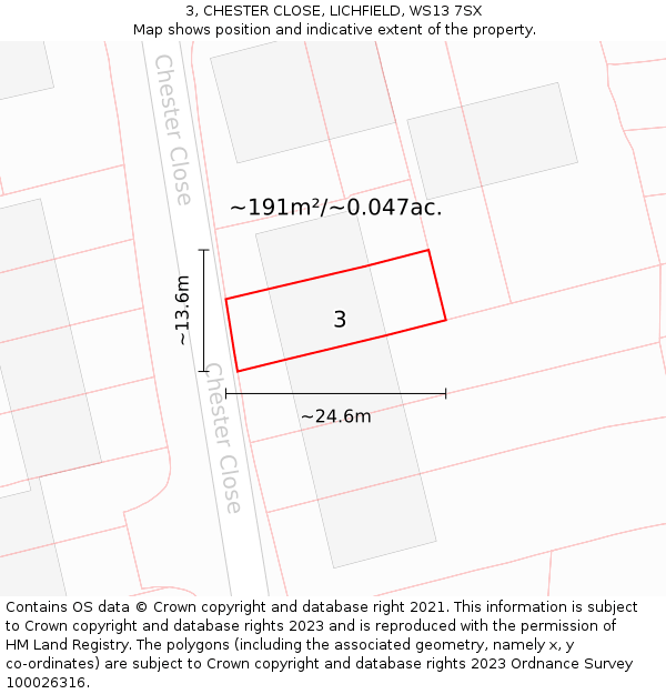 3, CHESTER CLOSE, LICHFIELD, WS13 7SX: Plot and title map
