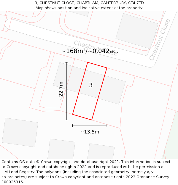 3, CHESTNUT CLOSE, CHARTHAM, CANTERBURY, CT4 7TD: Plot and title map