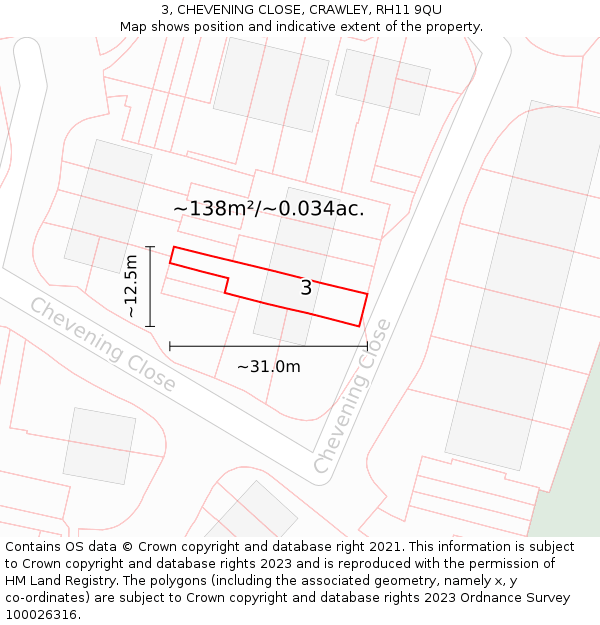 3, CHEVENING CLOSE, CRAWLEY, RH11 9QU: Plot and title map