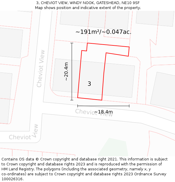 3, CHEVIOT VIEW, WINDY NOOK, GATESHEAD, NE10 9SF: Plot and title map