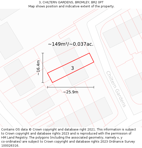 3, CHILTERN GARDENS, BROMLEY, BR2 0PT: Plot and title map