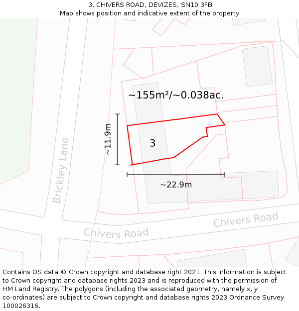 3, CHIVERS ROAD, DEVIZES, SN10 3FB: Plot and title map