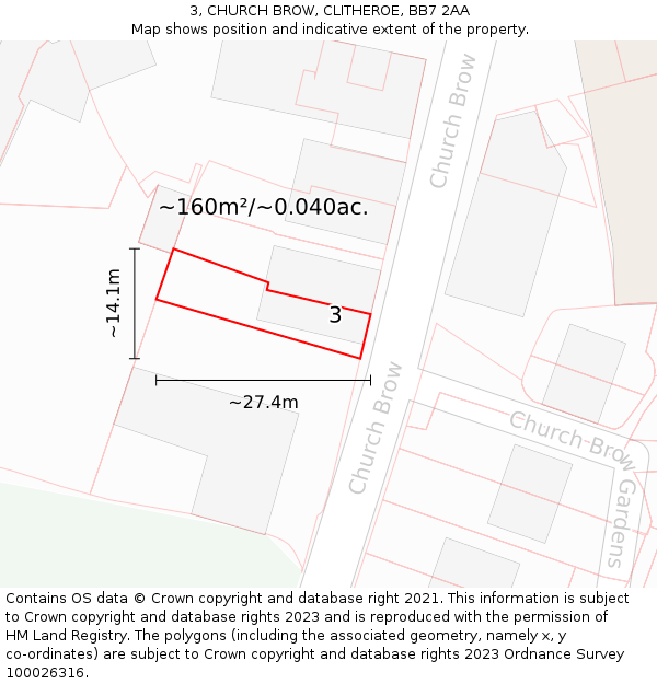 3, CHURCH BROW, CLITHEROE, BB7 2AA: Plot and title map