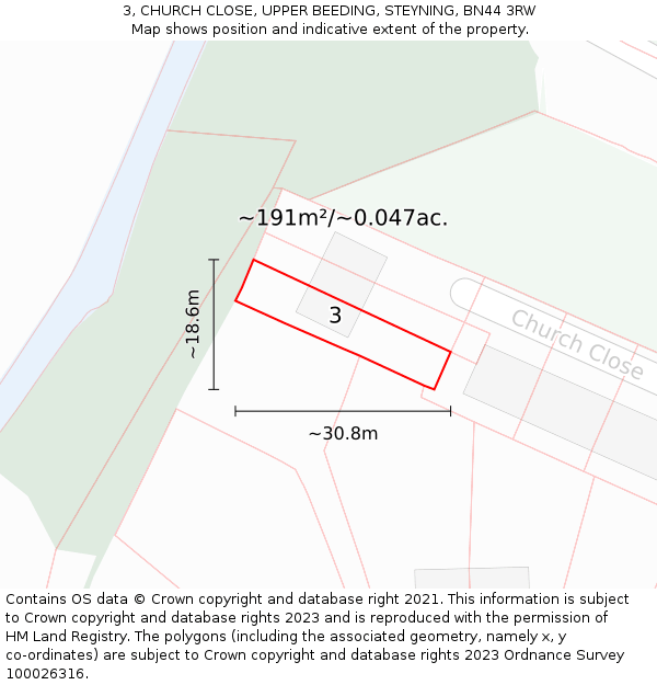 3, CHURCH CLOSE, UPPER BEEDING, STEYNING, BN44 3RW: Plot and title map