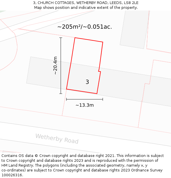 3, CHURCH COTTAGES, WETHERBY ROAD, LEEDS, LS8 2LE: Plot and title map