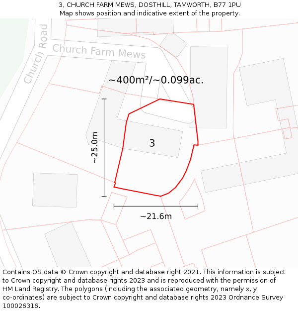 3, CHURCH FARM MEWS, DOSTHILL, TAMWORTH, B77 1PU: Plot and title map