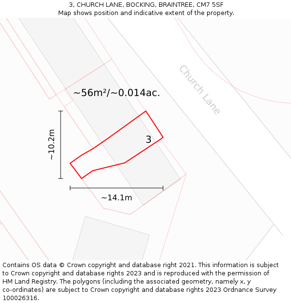 3, CHURCH LANE, BOCKING, BRAINTREE, CM7 5SF: Plot and title map