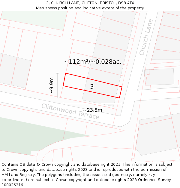 3, CHURCH LANE, CLIFTON, BRISTOL, BS8 4TX: Plot and title map