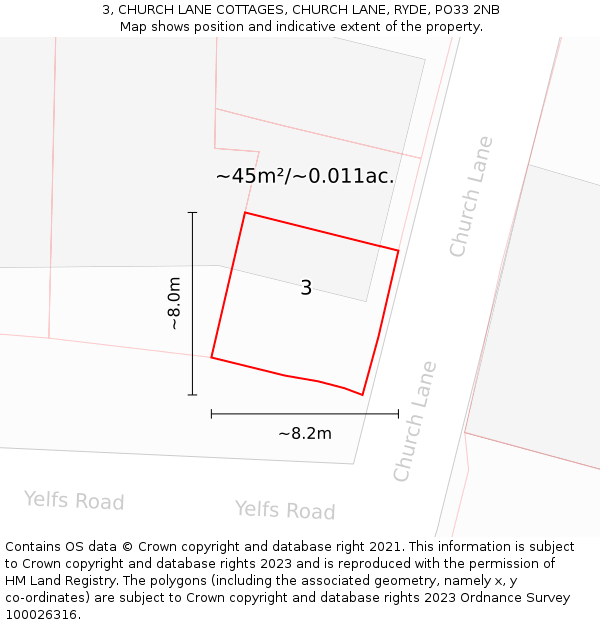 3, CHURCH LANE COTTAGES, CHURCH LANE, RYDE, PO33 2NB: Plot and title map
