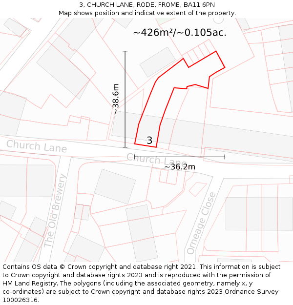 3, CHURCH LANE, RODE, FROME, BA11 6PN: Plot and title map