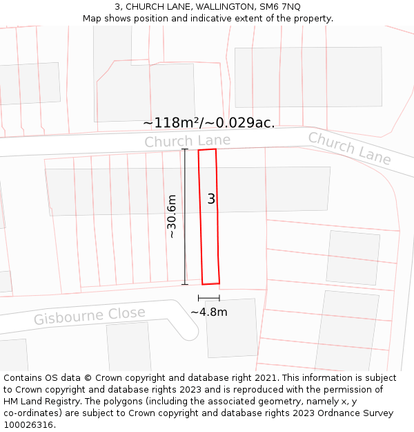 3, CHURCH LANE, WALLINGTON, SM6 7NQ: Plot and title map