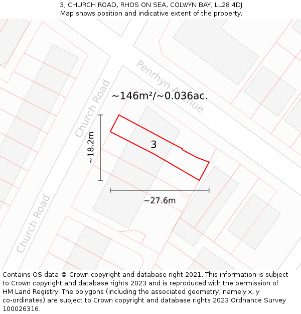 3, CHURCH ROAD, RHOS ON SEA, COLWYN BAY, LL28 4DJ: Plot and title map
