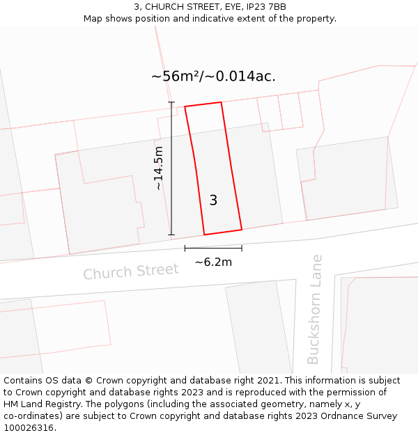 3, CHURCH STREET, EYE, IP23 7BB: Plot and title map