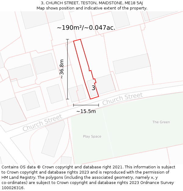3, CHURCH STREET, TESTON, MAIDSTONE, ME18 5AJ: Plot and title map