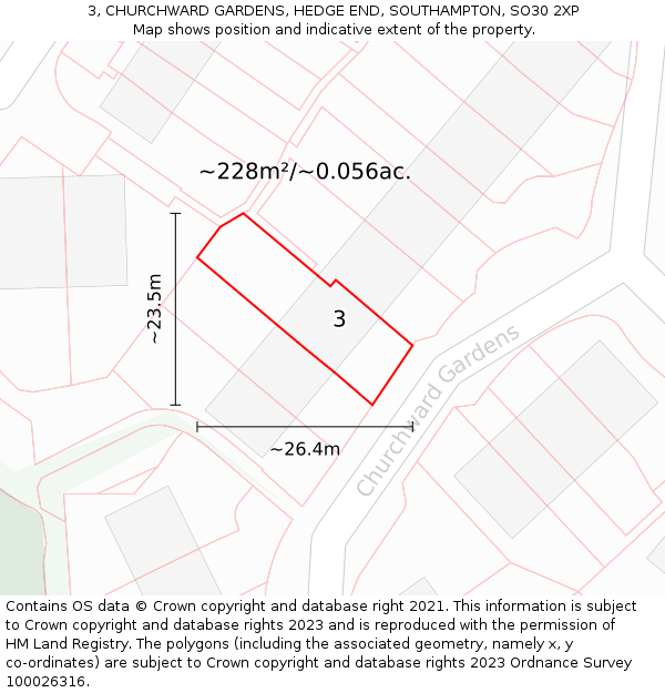 3, CHURCHWARD GARDENS, HEDGE END, SOUTHAMPTON, SO30 2XP: Plot and title map