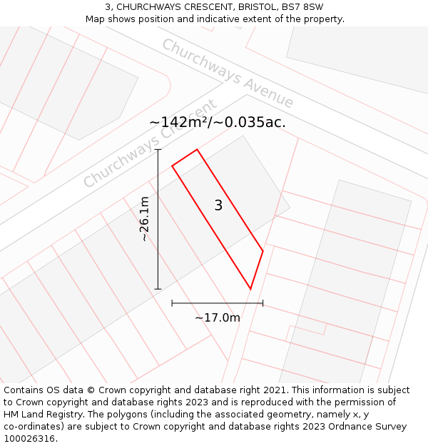 3, CHURCHWAYS CRESCENT, BRISTOL, BS7 8SW: Plot and title map