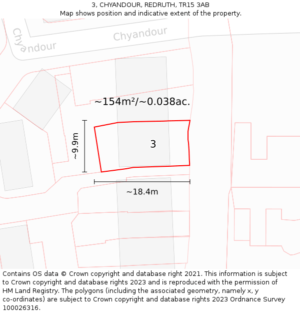 3, CHYANDOUR, REDRUTH, TR15 3AB: Plot and title map