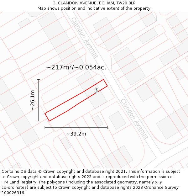 3, CLANDON AVENUE, EGHAM, TW20 8LP: Plot and title map