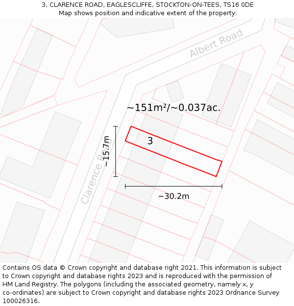 3, CLARENCE ROAD, EAGLESCLIFFE, STOCKTON-ON-TEES, TS16 0DE: Plot and title map