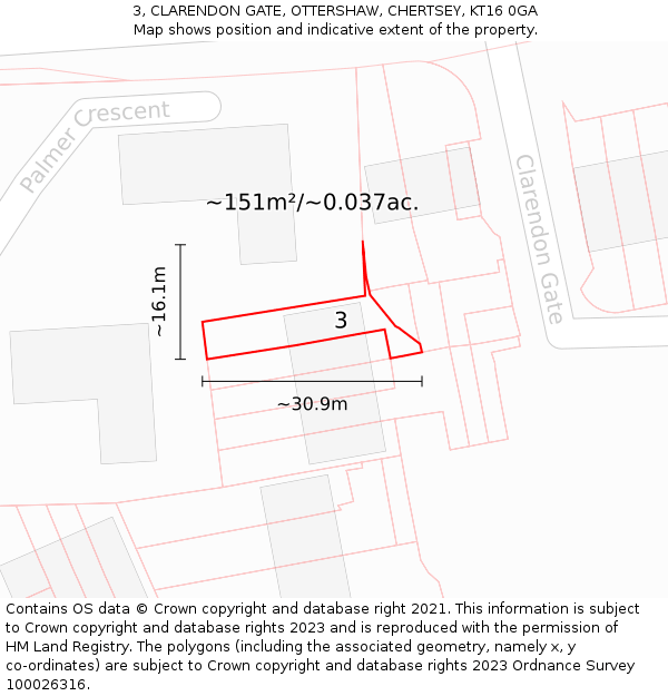 3, CLARENDON GATE, OTTERSHAW, CHERTSEY, KT16 0GA: Plot and title map