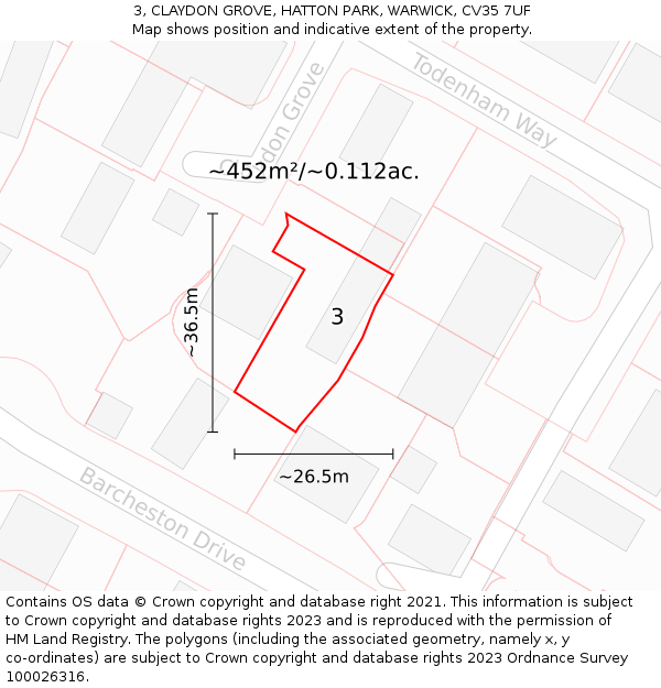 3, CLAYDON GROVE, HATTON PARK, WARWICK, CV35 7UF: Plot and title map