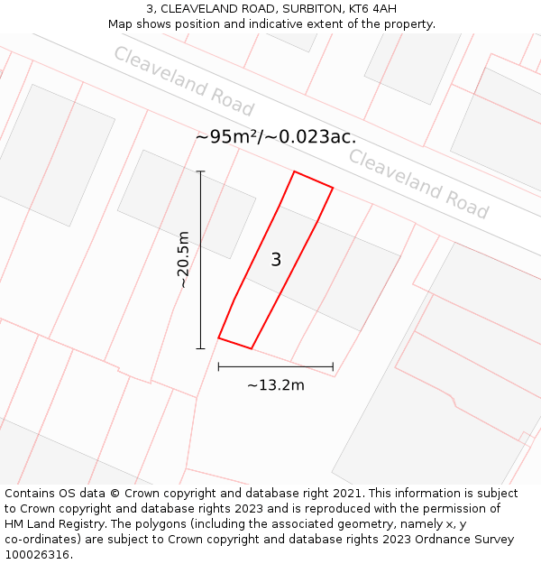 3, CLEAVELAND ROAD, SURBITON, KT6 4AH: Plot and title map