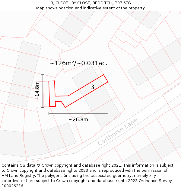 3, CLEOBURY CLOSE, REDDITCH, B97 6TG: Plot and title map