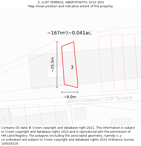 3, CLIFF TERRACE, ABERYSTWYTH, SY23 2DN: Plot and title map
