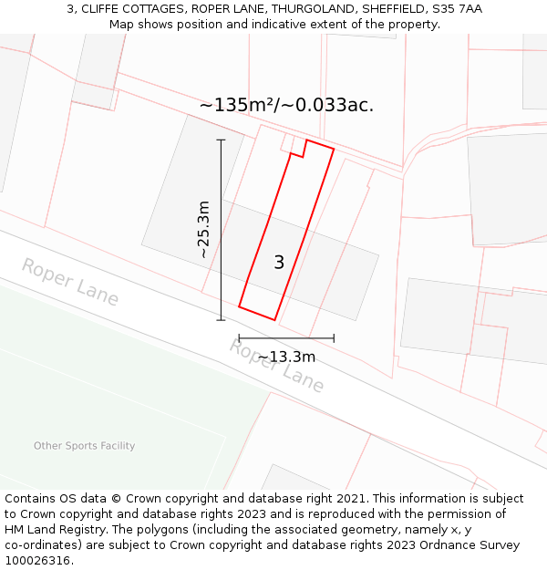 3, CLIFFE COTTAGES, ROPER LANE, THURGOLAND, SHEFFIELD, S35 7AA: Plot and title map