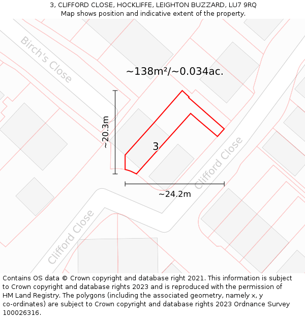 3, CLIFFORD CLOSE, HOCKLIFFE, LEIGHTON BUZZARD, LU7 9RQ: Plot and title map
