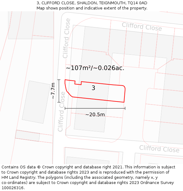 3, CLIFFORD CLOSE, SHALDON, TEIGNMOUTH, TQ14 0AD: Plot and title map